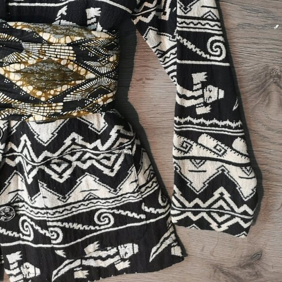 80s Vintage Black/Grey Mandarin Collar Aztec Pattern Cotton Woven Jacket - Picture 4 of 14